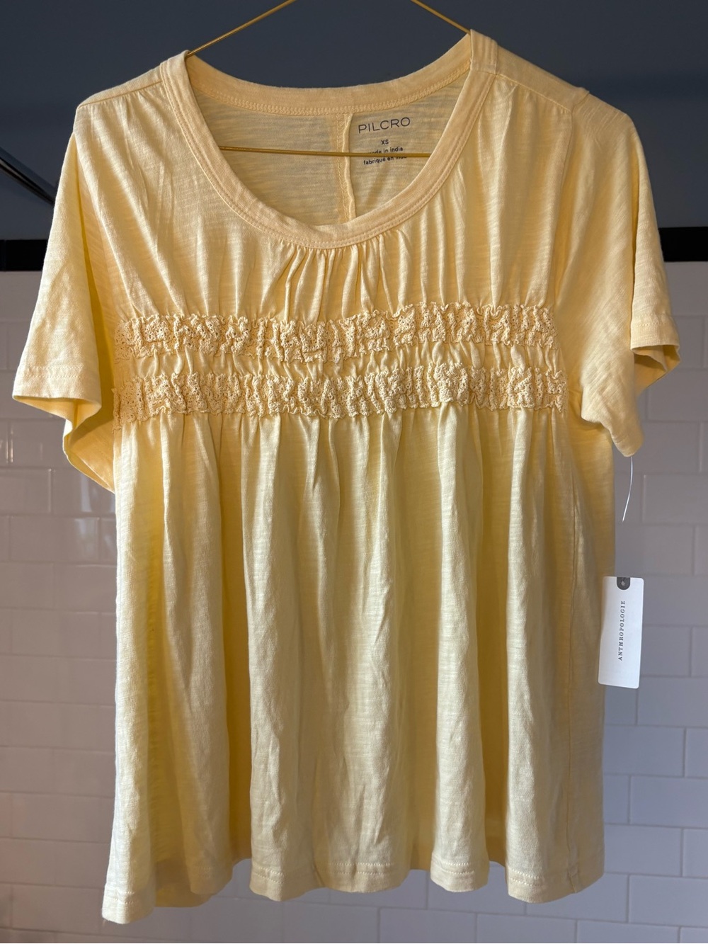 Pilcro Butter Yellow Smocked Short Sleeve Tee